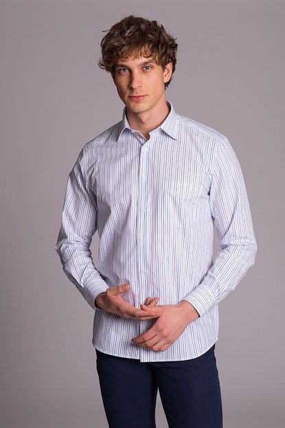 Dufy Beyaz Mavi Cizgili Erkek Gomlek Regular Fit Trendyol
