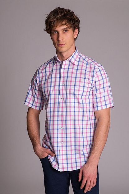 Dufy Beyaz Pembe Kareli Oxford Kisa Kol Erkek Gomlek Regular Fit Trendyol
