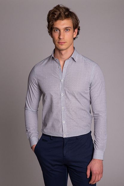 Dufy Beyaz Baskili Pamuklu Ipek Erkek Gomlek Ekstra Slim Fit Trendyol