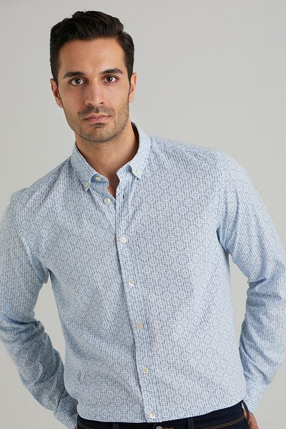 Dufy Mavi Desenli Pamuklu Erkek Gomlek Slim Fit Trendyol