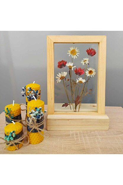 Story Of Plants Masaustu Dekoratif Gercek Ciceklerden Yapilmis Beyaz Ve Kirmizi Papatyali Ahsap Ceviz Renkli Tablo Trendyol