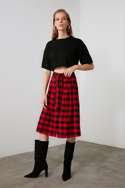 Trendyolmilla Kirmizi Kareli Etek Twoaw21et0300 Trendyol