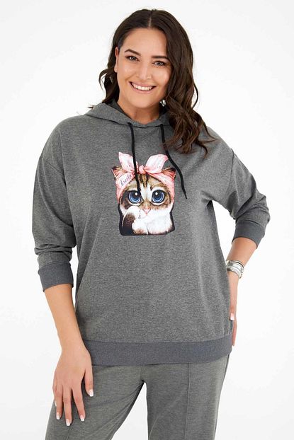 Siyezen Kadin Gri Buyuk Beden Kedi Baskili Kapusonlu Sweatshirt Trendyol