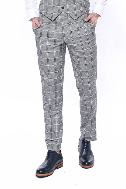 Wessi Erkek Acik Gri Slim Fit Ekose Desenli Kumas Pantolon Trendyol