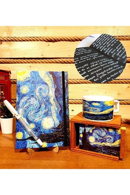 Hediye Deposu Van Gogh Siyah Yaprakli Ani Defteri Beyaz Kalem Ve Kupa Arkadasa Hediye Trendyol