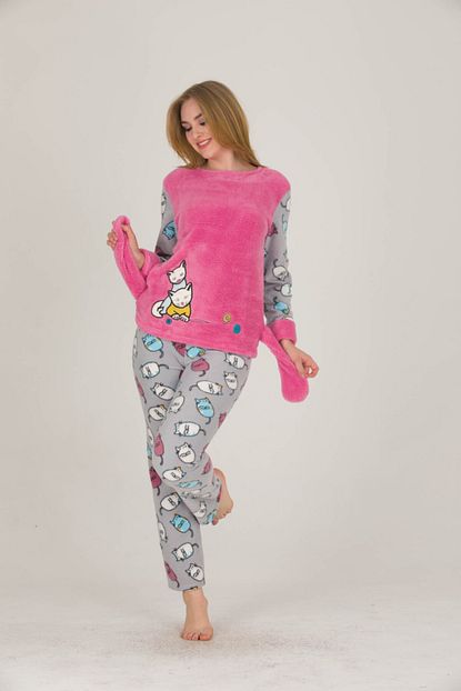 Teknur Kadin Pembe Tuylu Kedi Pijama Takimi Trendyol