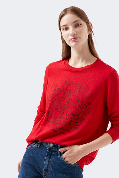 Mavi Kadin Kedi Baskili Kirmizi Sweatshirt 1600411 32421 Trendyol