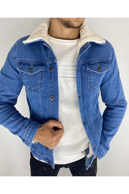 Mustafacinali Erkek Acik Mavi Ici Yunlu Dugmeli Slim Fit Kot Ceket Trendyol
