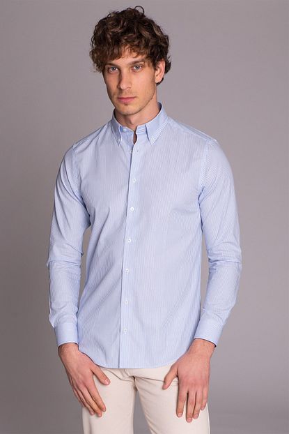 Dufy Acik Mavi Cizgili Sik Dokuma Erkek Gomlek Slim Fit Trendyol