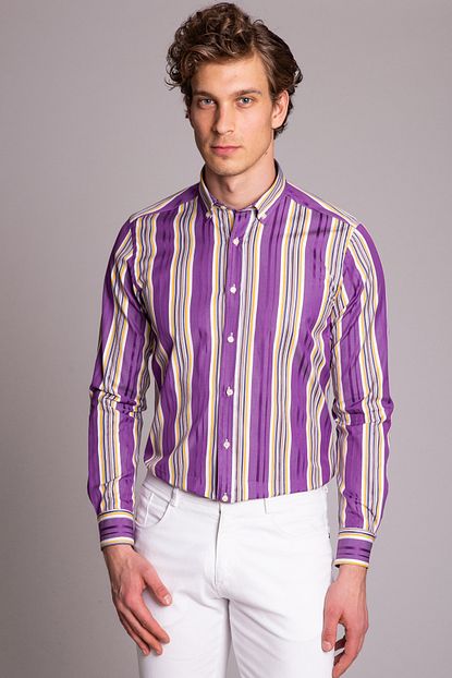 Dufy Mor Sari Cizgili Pamuklu Erkek Gomlek Slim Fit Trendyol