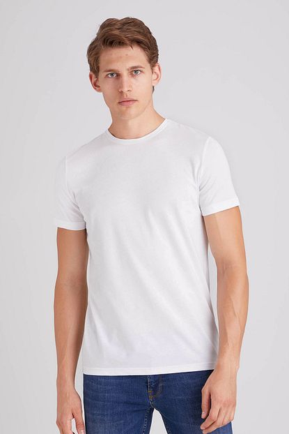 Dufy Beyaz Bisiklet Yaka Duz Erkek T Shirt Slim Fit Trendyol