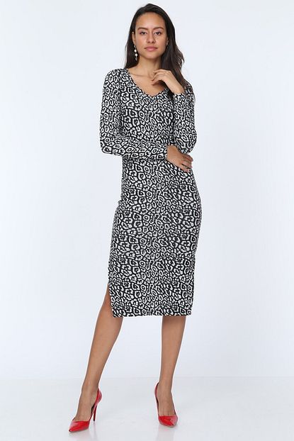 leopar desen yirtmacli kalem elbise