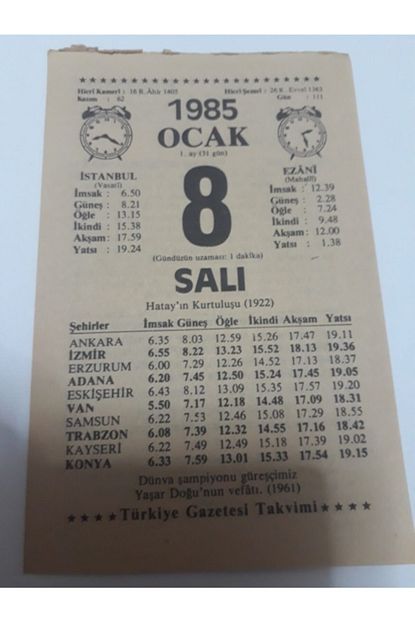 8 ocak 1985 sali turkiye gazetesi takvim yapragi