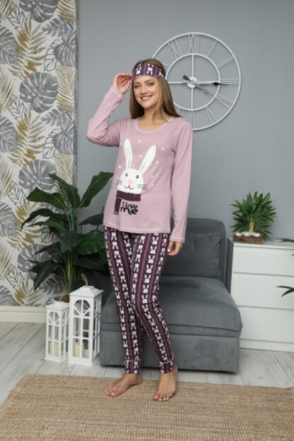 Sevil Giyim Kadin Lila Goz Bantli Tavsan Nakisli Pijama Takimi Trendyol