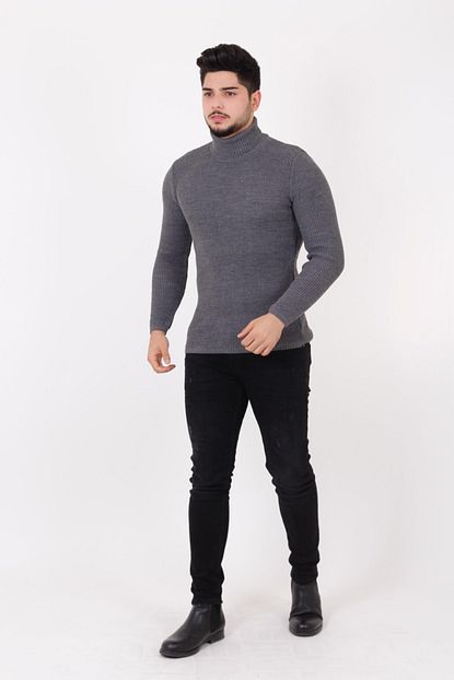 Stil Kombin Erkek Gri Sportser Orgu Model Bogazli Kazak Trendyol