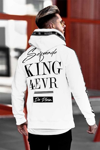 De Plein King Beyaz Baskili 100 Pamuk Kapusonlu Erkek Sweatshirt Trendyol