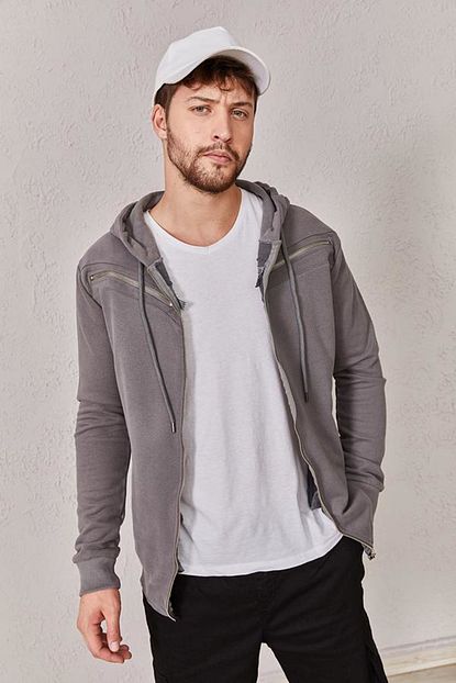 Zafoni Erkek On Fermuar Detayli Gri Sweat Trendyol