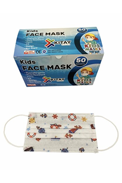 Kitay Kitay Mask 3 Katli Beyaz Denizci Desenli Tek Kullanimlik 50 Adet Telli Cerrahi Cocuk Kids Maskesi Trendyol