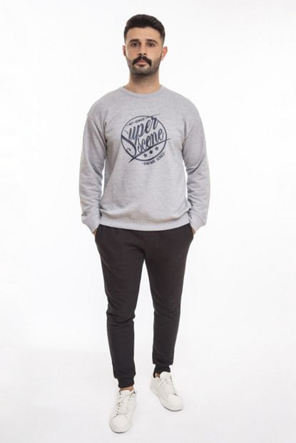 Di Giyim Erkek Gri Melanj Renk Baskili Sweatshirt Trendyol