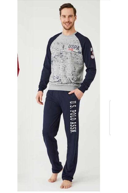 U S Polo Assn Us Polo Assn Desenli Erkek Yuvarlak Yaka Pijama Takimi 18360 Gri Melanj Trendyol