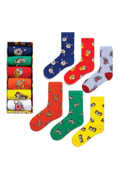 Socks Stations 6 Li Neseli Desenli Coraplar Renkli Fast Food Corap Kutusu Trendyol