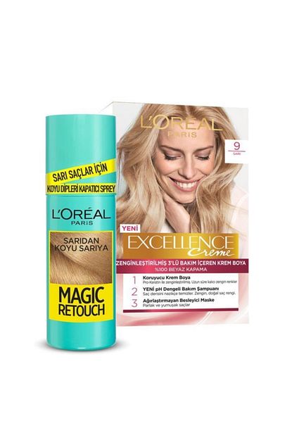 L Oreal Paris L Oreal Paris Excellence Creme Sac Boyasi 9 Sari L Oreal Paris Magic Retouch Sprey 7 3 Koyu Sari Trendyol