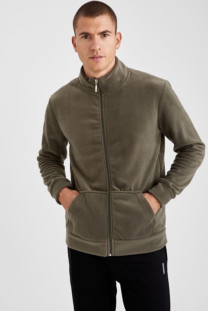 Defacto Erkek Haki Fermuarli Slim Fit Fermuarli Polar Sweatshirt Trendyol