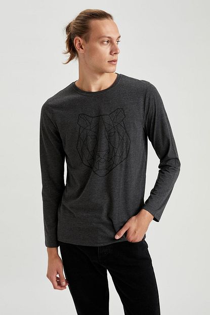 Defacto Erkek Gri Aslan Baskili Uzun Kollu Bisiklet Yaka Slim Fit Tisort Trendyol