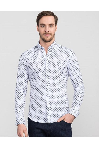 Tudors Erkek Beyaz Slim Fit Desenli Likrali Gomlek Trendyol