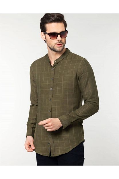 Tudors Erkek Yesil Slim Fit Keten Cizgili Spor Gomlek Trendyol