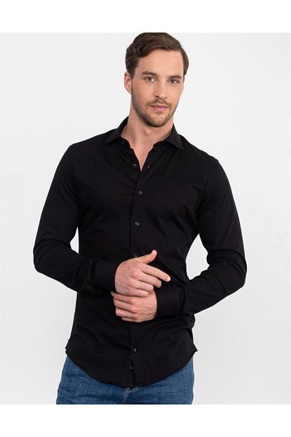 Tudors Erkek Siyah Slim Fit Cotton Penye Gomlek Trendyol