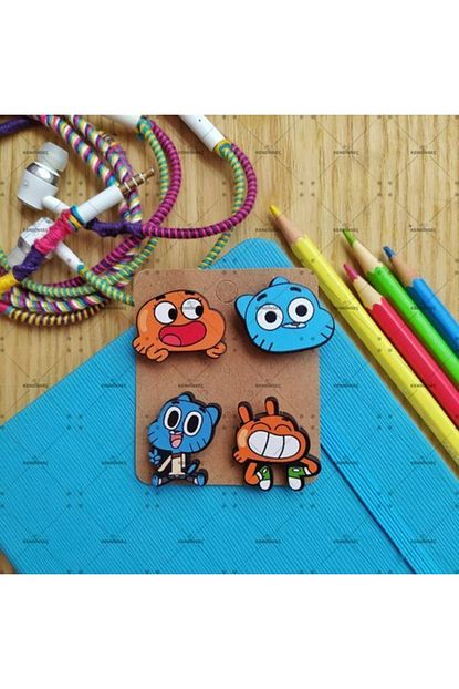 gumball darwin 4lu baskili ahsap mini rozet seti