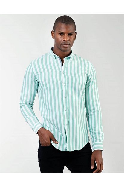 Tudors Erkek Yesil Slim Fit Cizgili Gomlek Trendyol