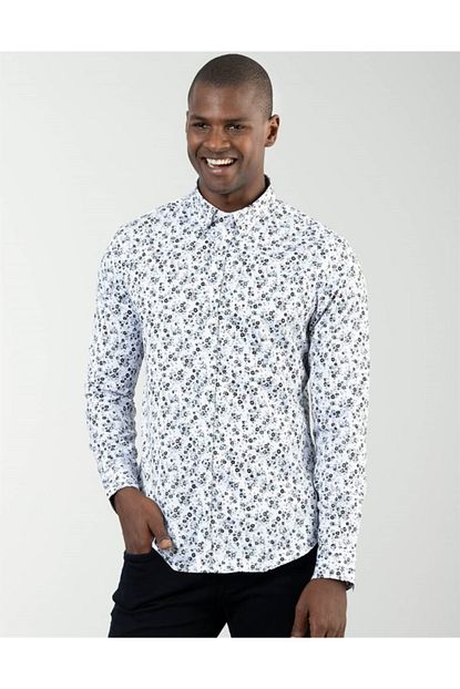 Tudors Erkek Beyaz Slim Fit Cicek Desenli Likrali Gomlek Trendyol