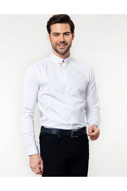 Tudors Erkek Beyaz Slim Fit Likrali Gomlek Trendyol