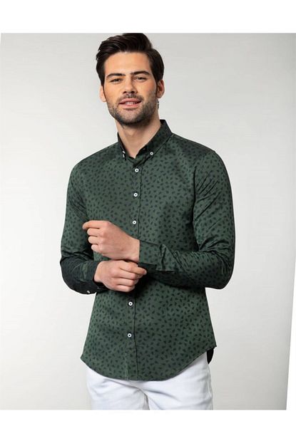 Tudors Erkek Yesil Slim Fit Desenli Spor Gomlek Trendyol