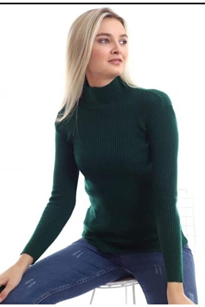 Lonca Tekstil Kadin Duz Haki Yesil Yarim Bogazli Uzun Kollu Triko Body Trendyol