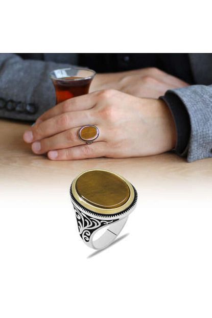 Alis Silver Minimal Tasarim Kaplan Gozu Tasli 925 Ayar Gumus Erkek Yuzuk Trendyol