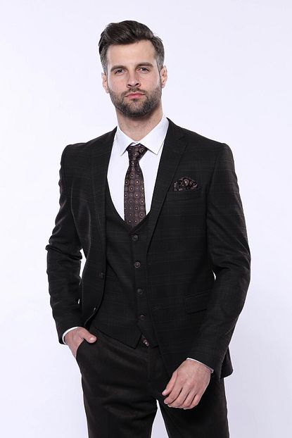 Wessi Erkek Kahverengi Ekose Yelekli Kombin Kislik Takim Elbise Trendyol