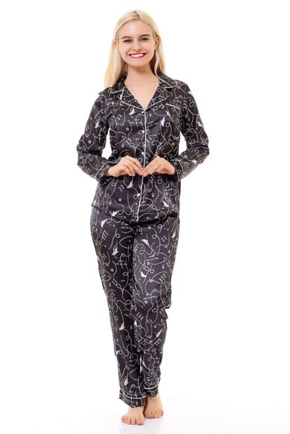 Besimma Kadin Siyah Inci Yazili Ipek Saten Pijama Takimi Trendyol