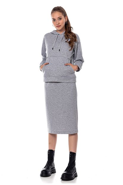 Caya Kadin Gri Melanj Renk Midi Boy Orme Etek Sweatshirt Takim Cy84199 Trendyol