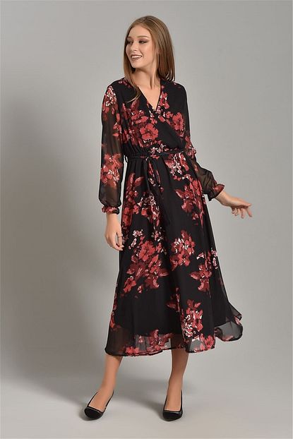 Modakapimda Kadin Siyah Cicek Desenli Sifon Elbise 2610mksp Trendyol