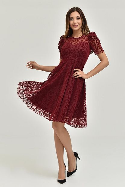 Modakapimda Kadin Bordo Flog Baski Kisa Elbise Trendyol