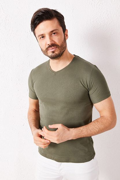 Zafoni Erkek Haki V Yaka T Shirt Trendyol