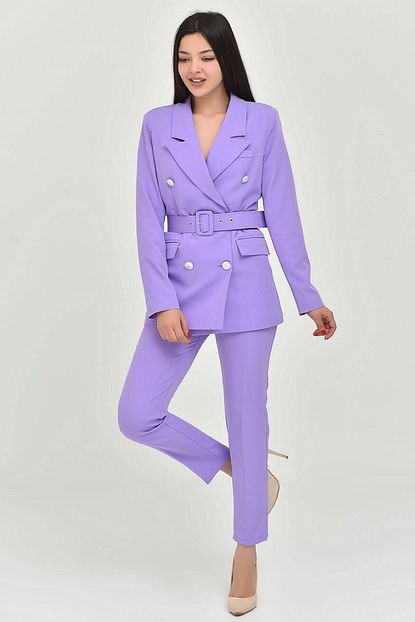 Modakapimda Kadin Lila Lila Kemerli Ceket Pantolon Takim 4360mksp Trendyol