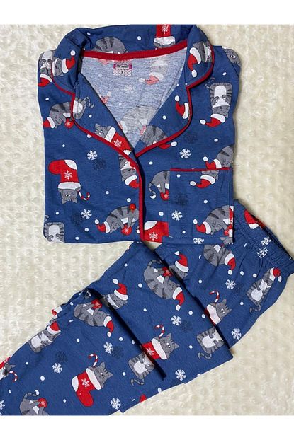 Sura19 Kadin Lacivert Yilbasi Kedi Desenli Pijama Takimi Trendyol