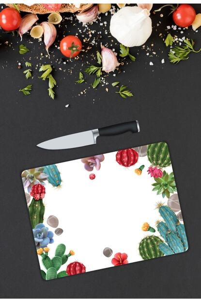 Pi Dekorasyon Renkli Kaktusler Cam Kesme Tahtasi 25 Cm X 35 Cm Trendyol