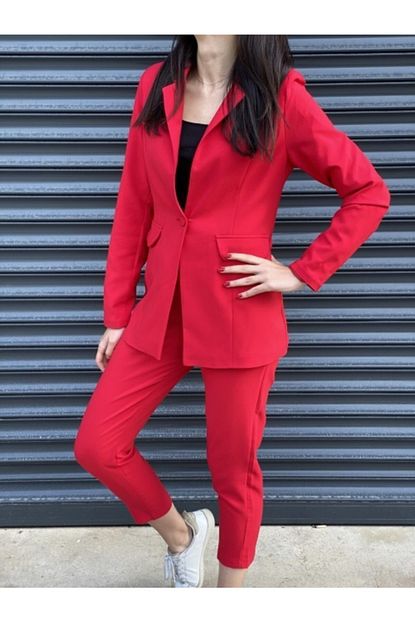Elbisenn Kadin Kirmizi Atlas Kumas Blazer Ceket Pantolon Ikili Takim Trendyol