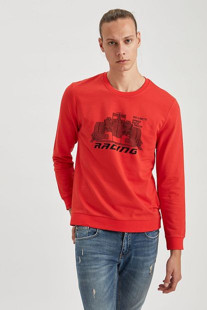 Defacto Erkek Kirmizi Bisiklet Yaka Baskili Slim Fit Pamuklu Sweatshirt Trendyol