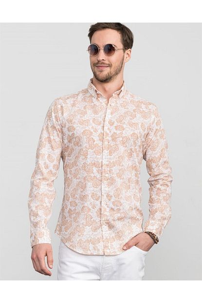 Tudors Erkek Krem Slim Fit Cicek Desenli Keten Gomlek Trendyol